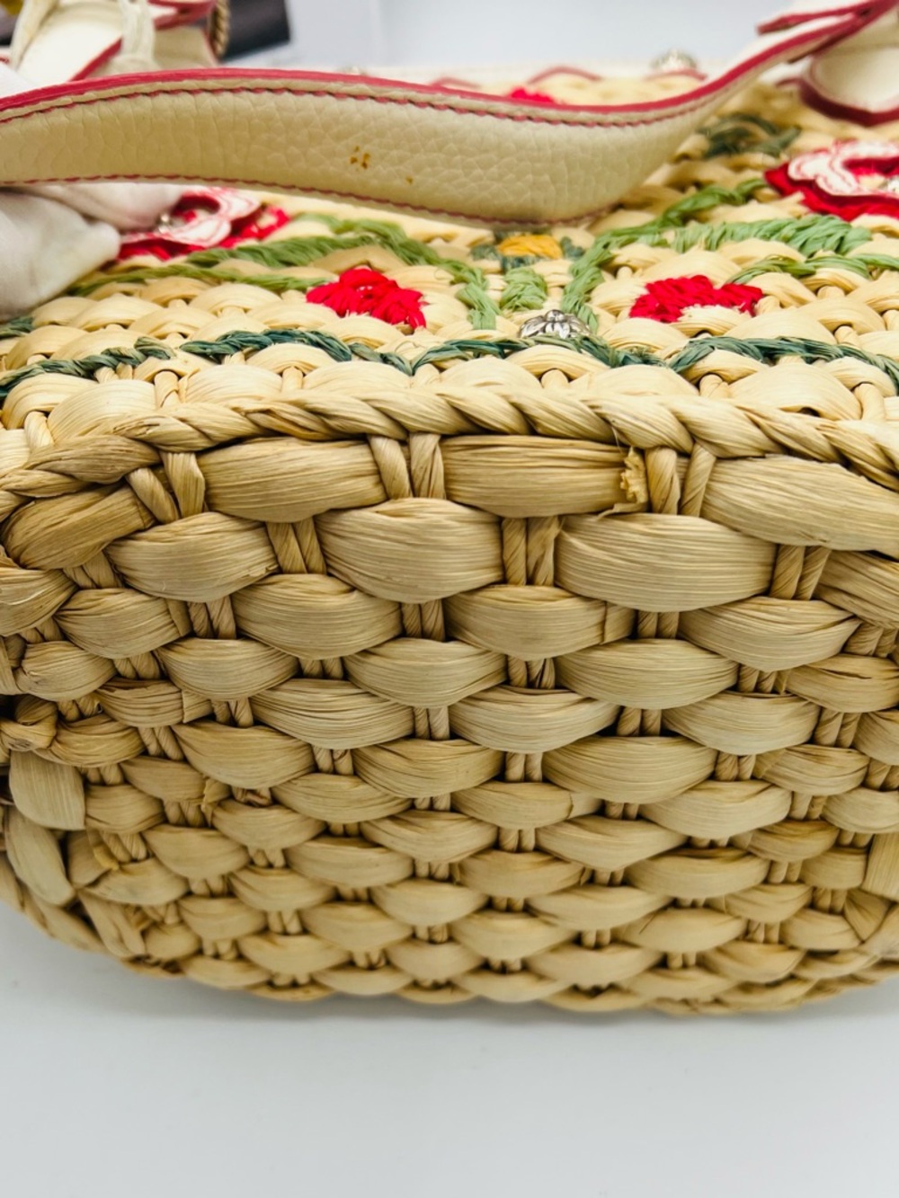 Brighton Straw Tote Floral Embroidery and White Trim - Picture 11 of 13